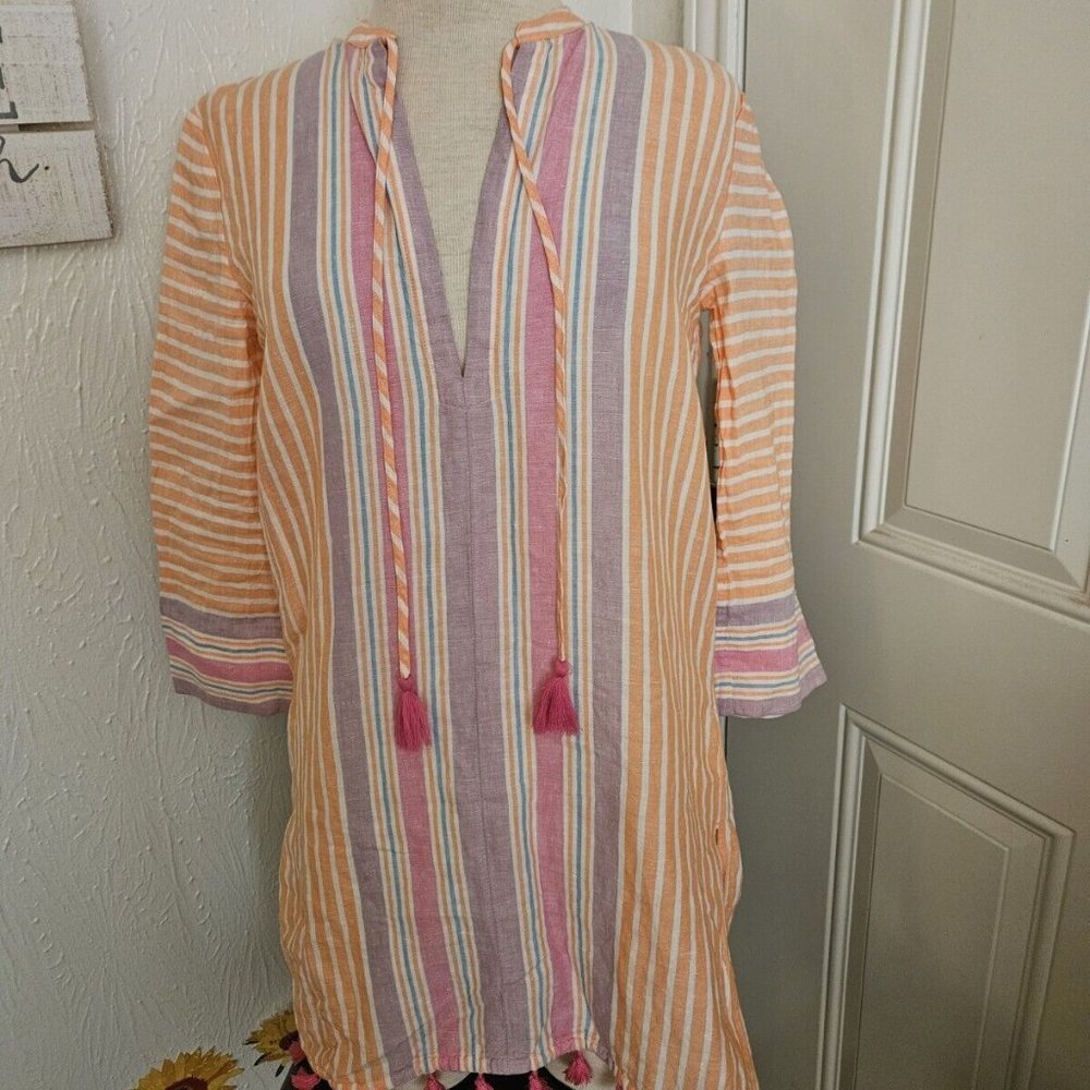 J.CREW Summer Striped Sheath Tunic Dress Women Orange Linen Cotton XXS EUC